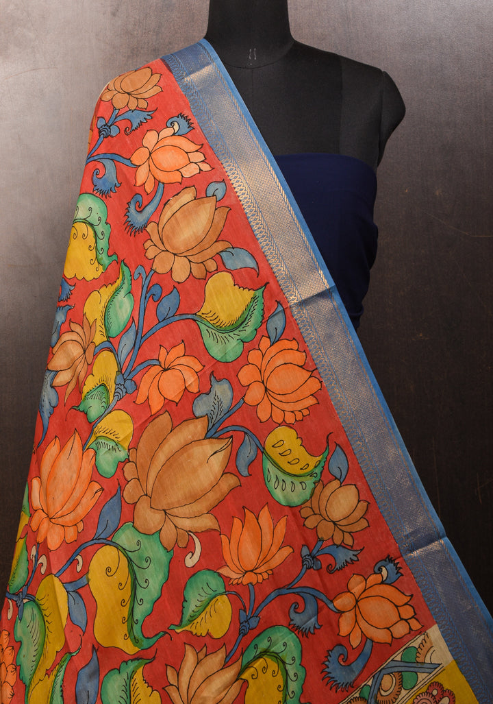 DUPATTA : Authentic Pen Kalamkari on Mangalagiri Silk Cotton Dupatta with Floral and Radha-Krishna Theme