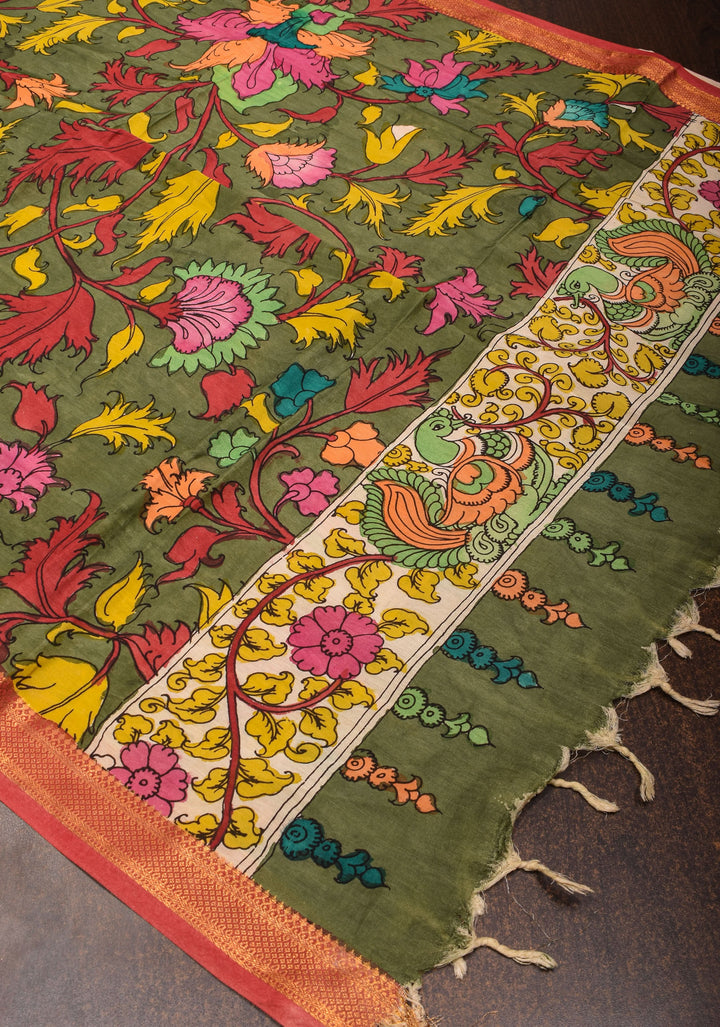 DUPATTA: Green Florals Theme Authentic Pen Kalamkari on Mangalagiri Silk Cotton with Nizam Zari Border