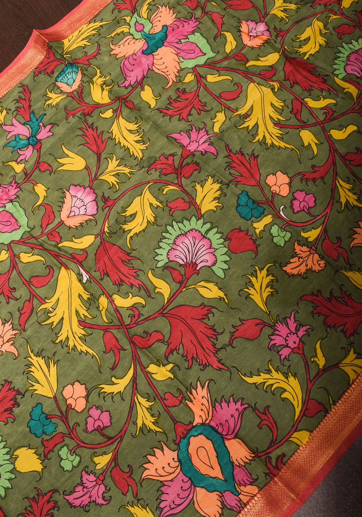 DUPATTA: Green Florals Theme Authentic Pen Kalamkari on Mangalagiri Silk Cotton with Nizam Zari Border
