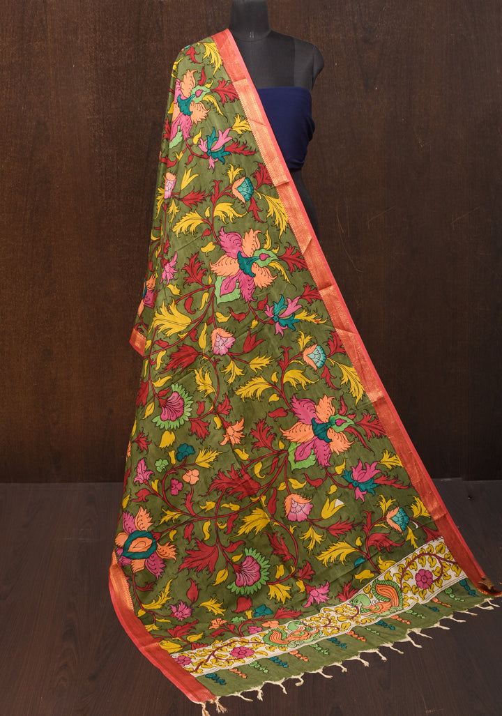 DUPATTA: Green Florals Theme Authentic Pen Kalamkari on Mangalagiri Silk Cotton with Nizam Zari Border
