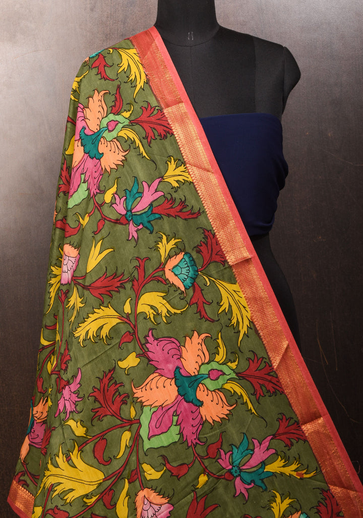DUPATTA: Green Florals Theme Authentic Pen Kalamkari on Mangalagiri Silk Cotton with Nizam Zari Border