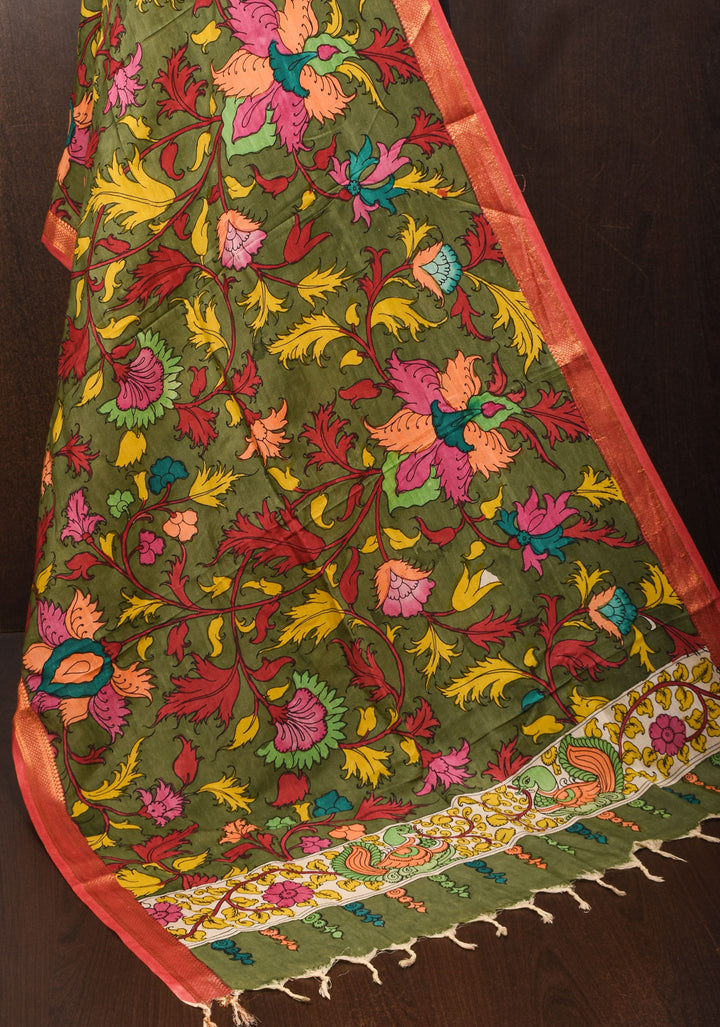 DUPATTA: Green Florals Theme Authentic Pen Kalamkari on Mangalagiri Silk Cotton with Nizam Zari Border