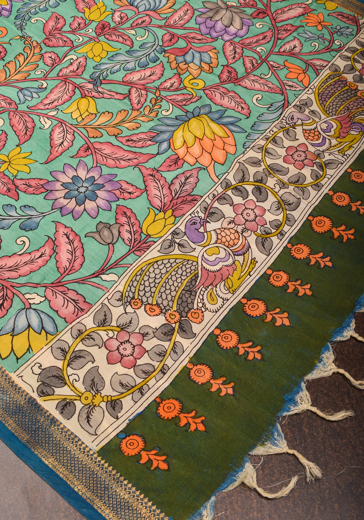 Dupatta :  Authentic Pen Kalamkari on Mangalagiri Silk Cotton Dupatta with Floral Design