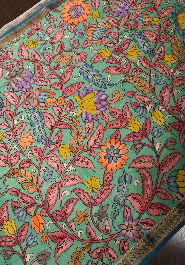 Dupatta :  Authentic Pen Kalamkari on Mangalagiri Silk Cotton Dupatta with Floral Design