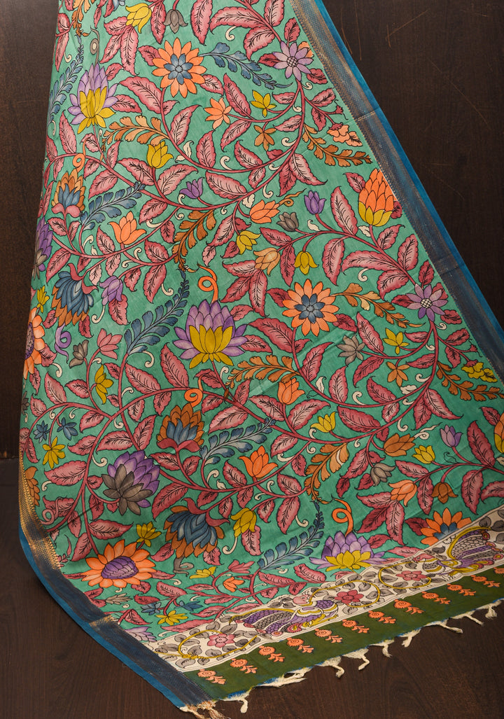 Dupatta :  Authentic Pen Kalamkari on Mangalagiri Silk Cotton Dupatta with Floral Design