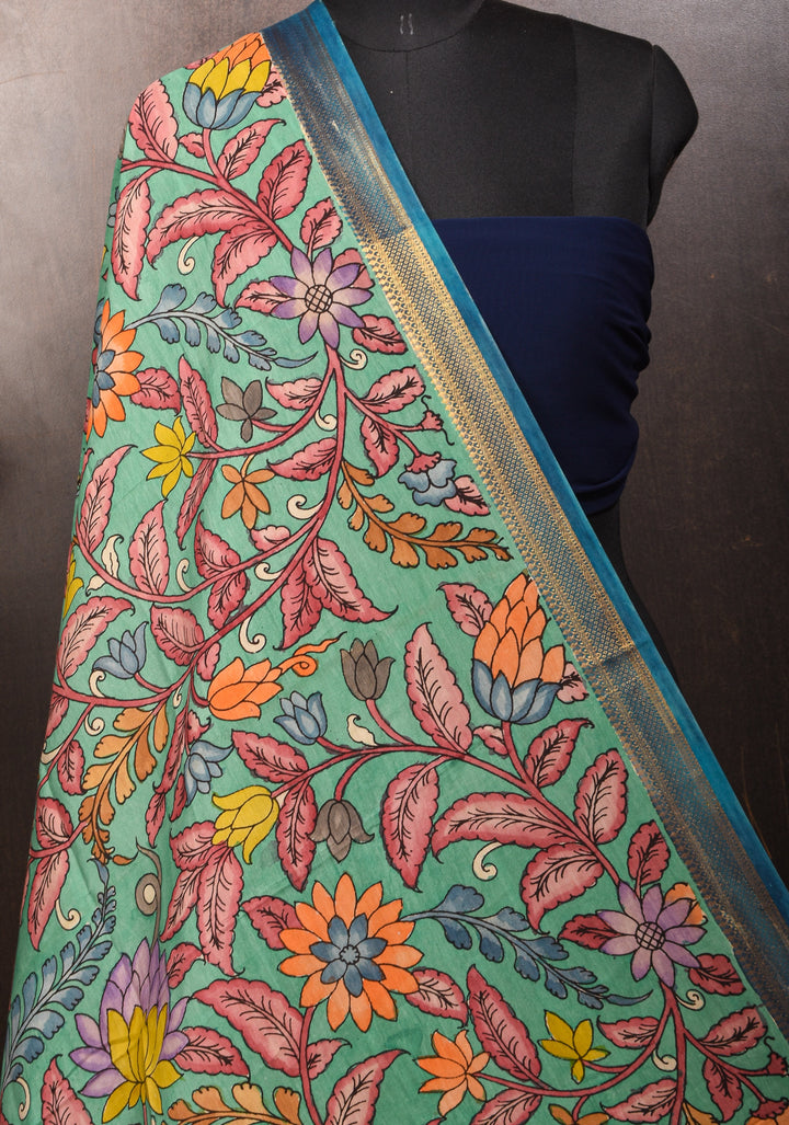 Dupatta :  Authentic Pen Kalamkari on Mangalagiri Silk Cotton Dupatta with Floral Design