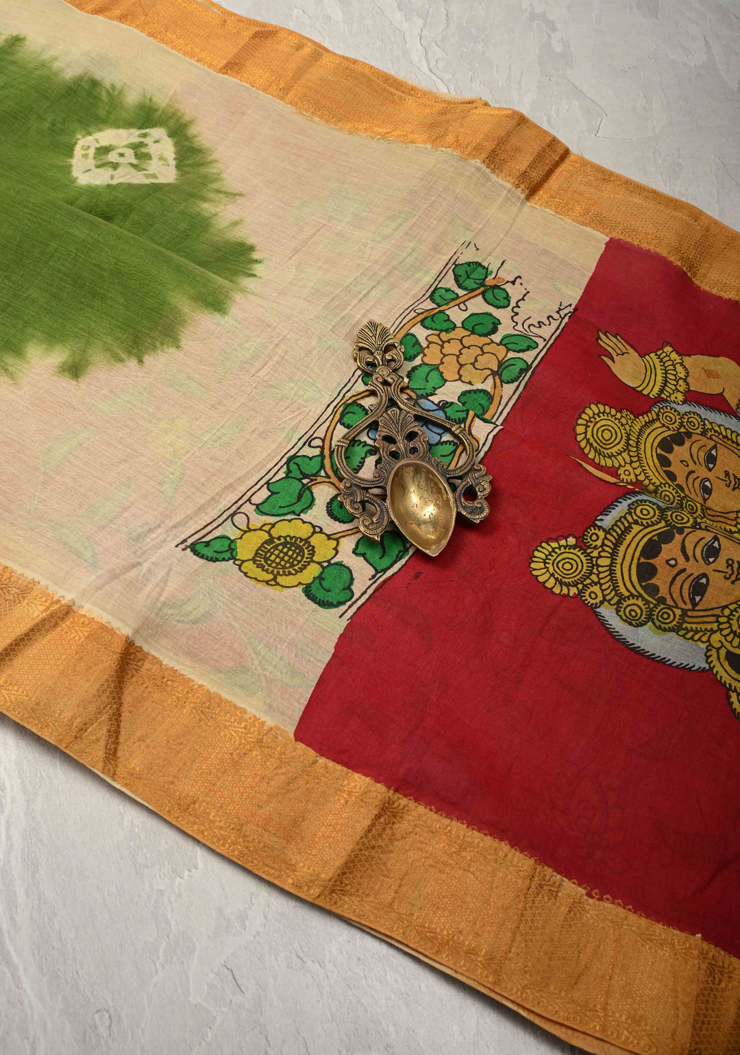 Bandhini Pen Kalamkari Fusion Saree on Mangalagiri Silk Cotton with Zari Borders