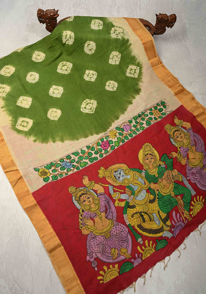 Bandhini Pen Kalamkari Fusion Saree on Mangalagiri Silk Cotton with Zari Borders