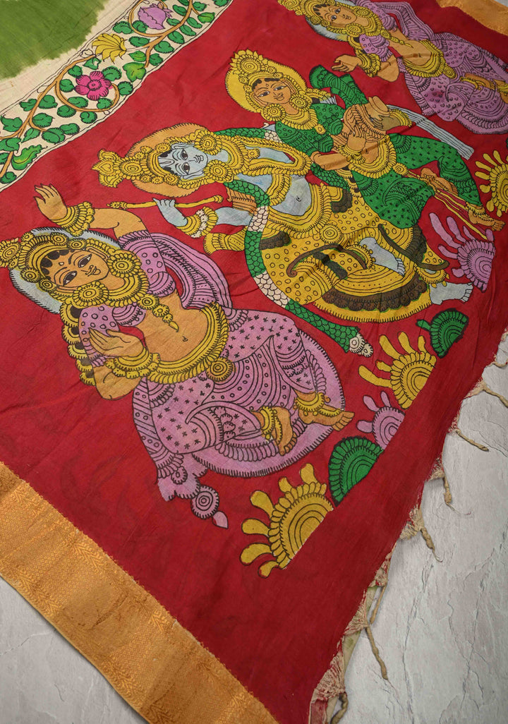 Bandhini Pen Kalamkari Fusion Saree on Mangalagiri Silk Cotton with Zari Borders