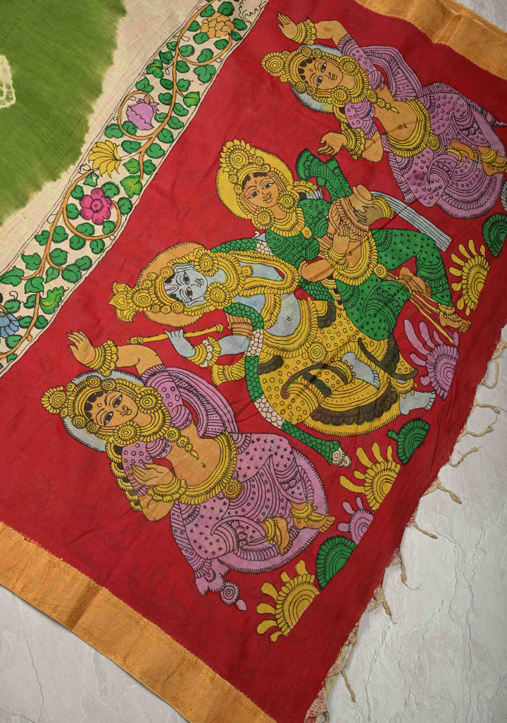Bandhini Pen Kalamkari Fusion Saree on Mangalagiri Silk Cotton with Zari Borders