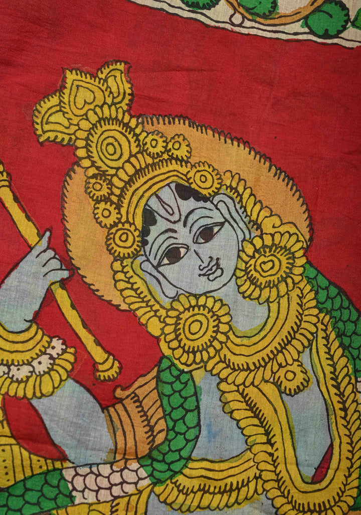 Bandhini Pen Kalamkari Fusion Saree on Mangalagiri Silk Cotton with Zari Borders
