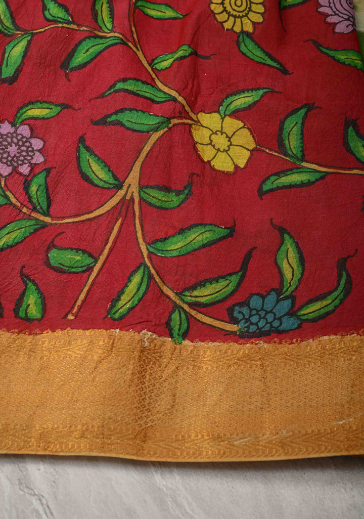 Bandhini Pen Kalamkari Fusion Saree on Mangalagiri Silk Cotton with Zari Borders