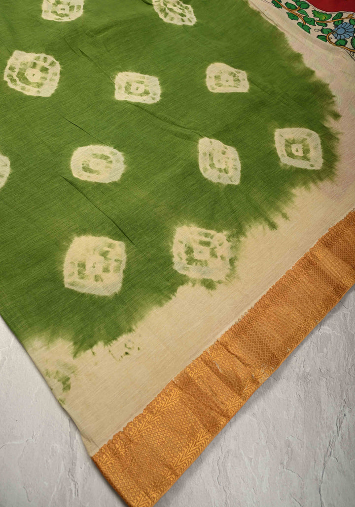Bandhini Pen Kalamkari Fusion Saree on Mangalagiri Silk Cotton with Zari Borders