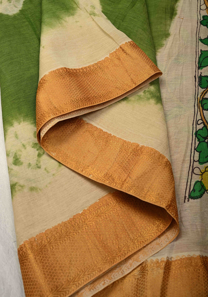 Bandhini Pen Kalamkari Fusion Saree on Mangalagiri Silk Cotton with Zari Borders