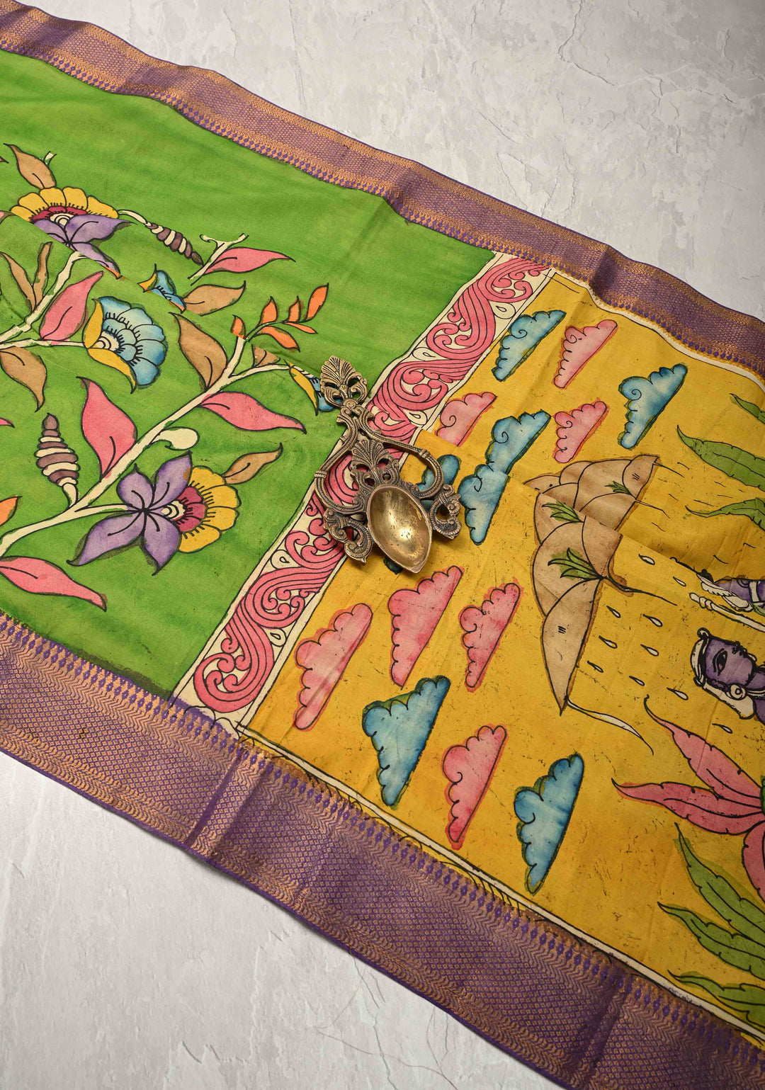 Floral and Krishna Govardhan Parvat on Pallu Theme : Irish Green Authentic Pen Kalamkari on Pure Mangalagiri Silk Cotton Saree with Zari Borders