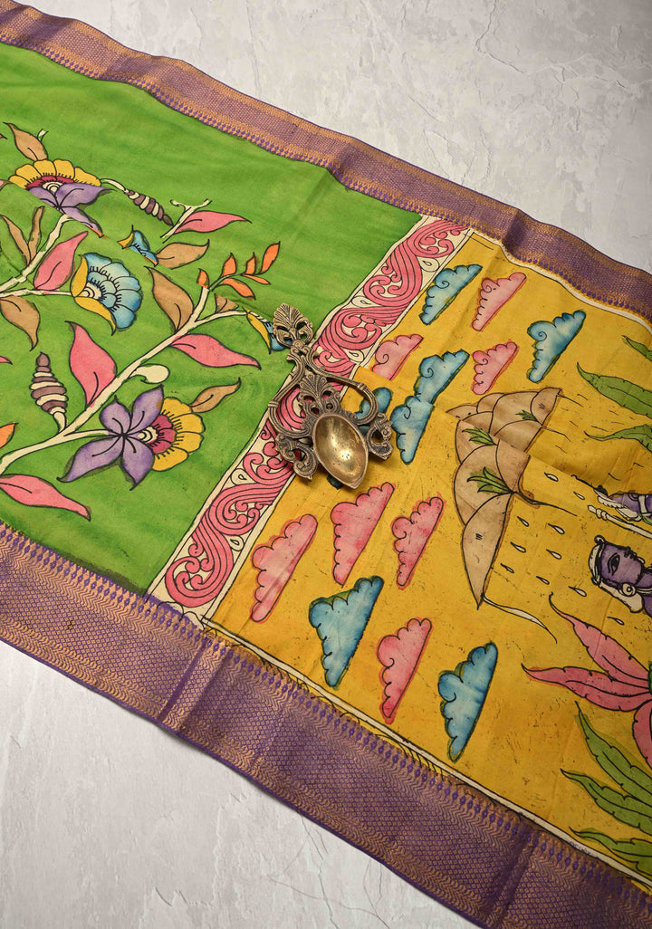 Floral and Krishna Govardhan Parvat on Pallu Theme : Irish Green Authentic Pen Kalamkari on Pure Mangalagiri Silk Cotton Saree with Zari Borders