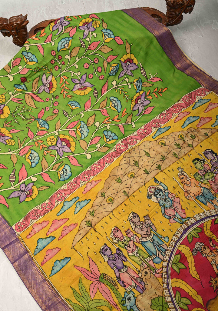 Floral and Krishna Govardhan Parvat on Pallu Theme : Irish Green Authentic Pen Kalamkari on Pure Mangalagiri Silk Cotton Saree with Zari Borders