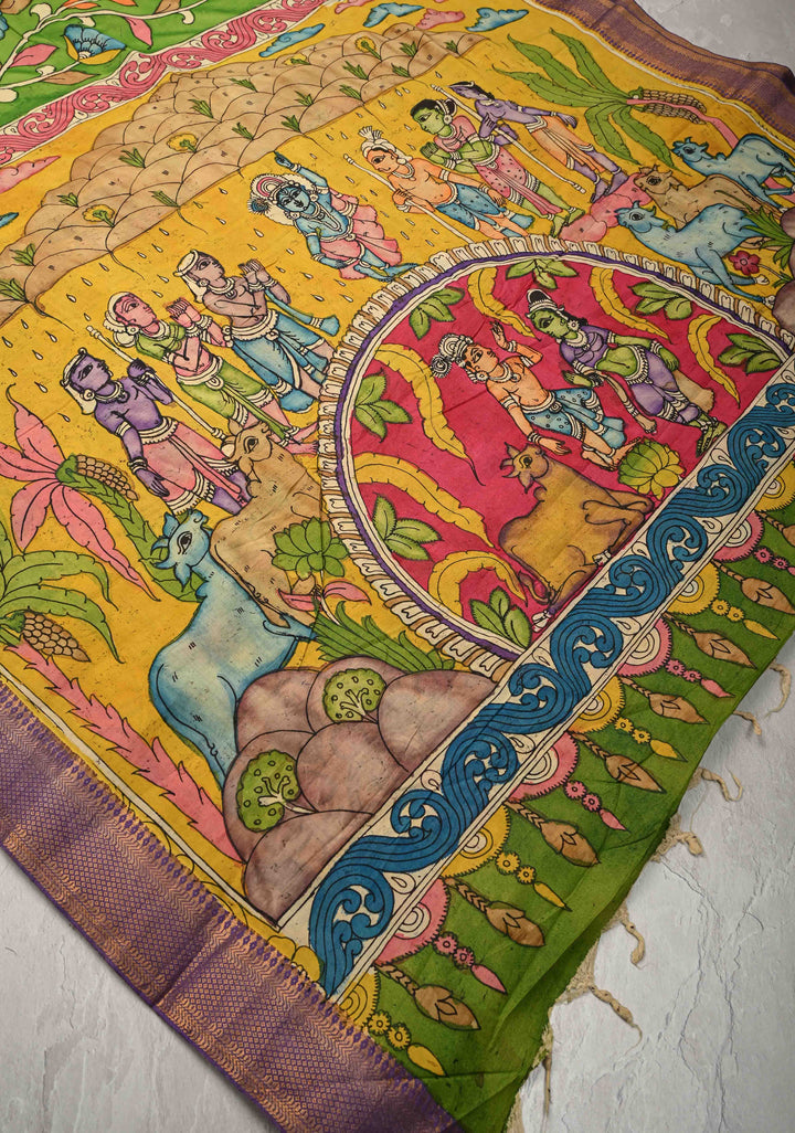 Floral and Krishna Govardhan Parvat on Pallu Theme : Irish Green Authentic Pen Kalamkari on Pure Mangalagiri Silk Cotton Saree with Zari Borders