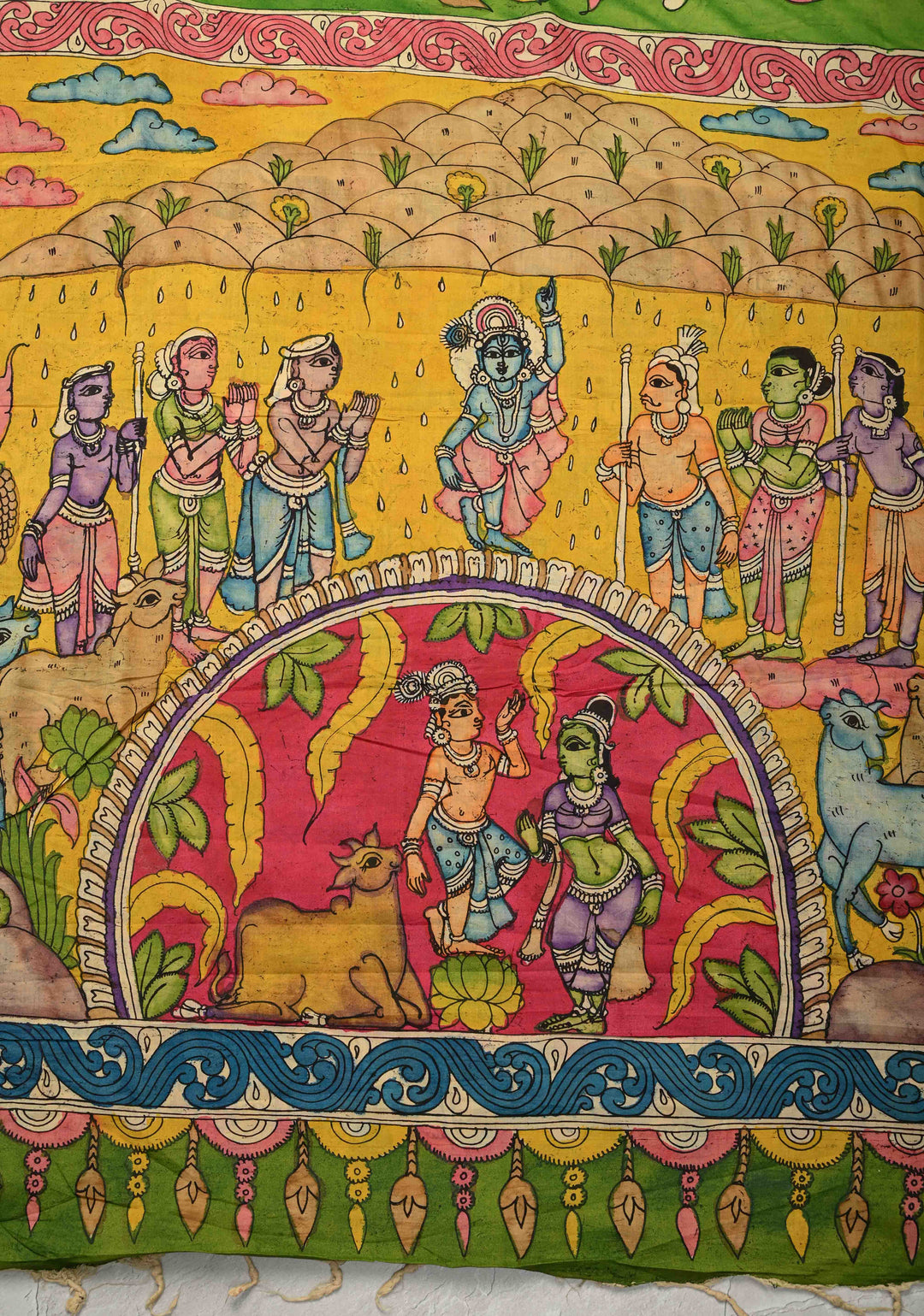 Floral and Krishna Govardhan Parvat on Pallu Theme : Irish Green Authentic Pen Kalamkari on Pure Mangalagiri Silk Cotton Saree with Zari Borders