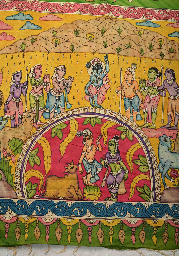 Floral and Krishna Govardhan Parvat on Pallu Theme : Irish Green Authentic Pen Kalamkari on Pure Mangalagiri Silk Cotton Saree with Zari Borders