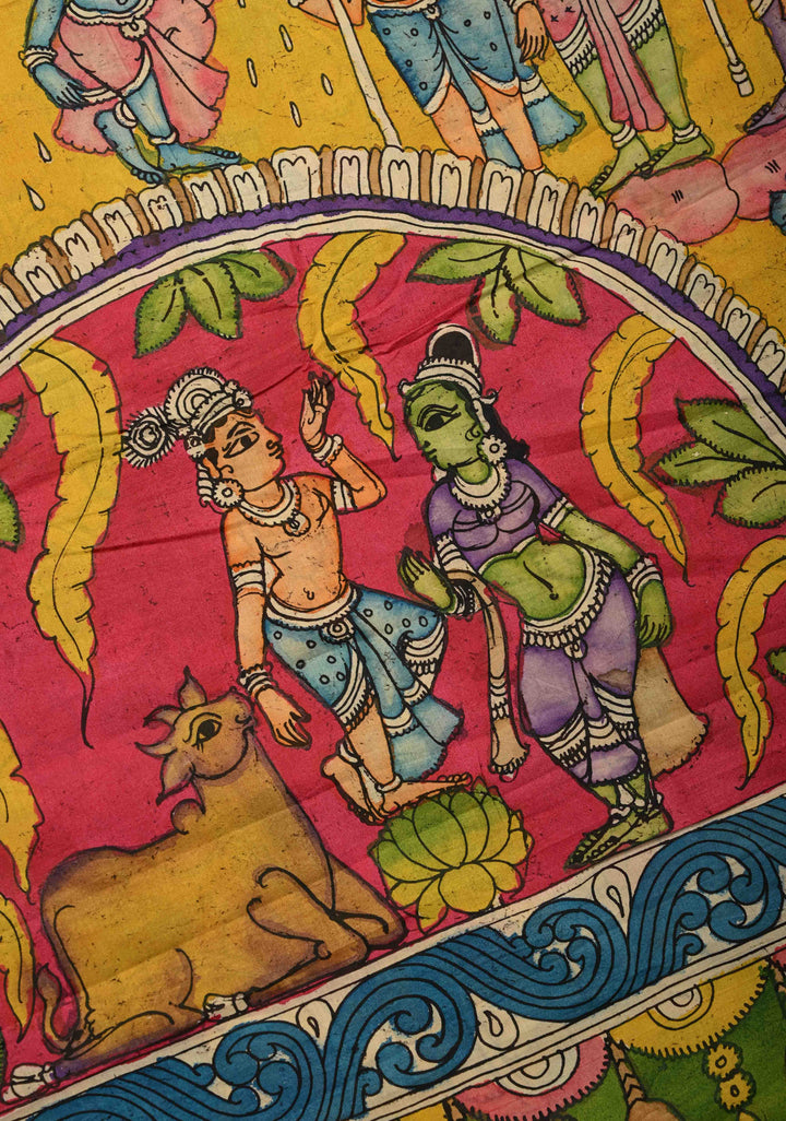 Floral and Krishna Govardhan Parvat on Pallu Theme : Irish Green Authentic Pen Kalamkari on Pure Mangalagiri Silk Cotton Saree with Zari Borders