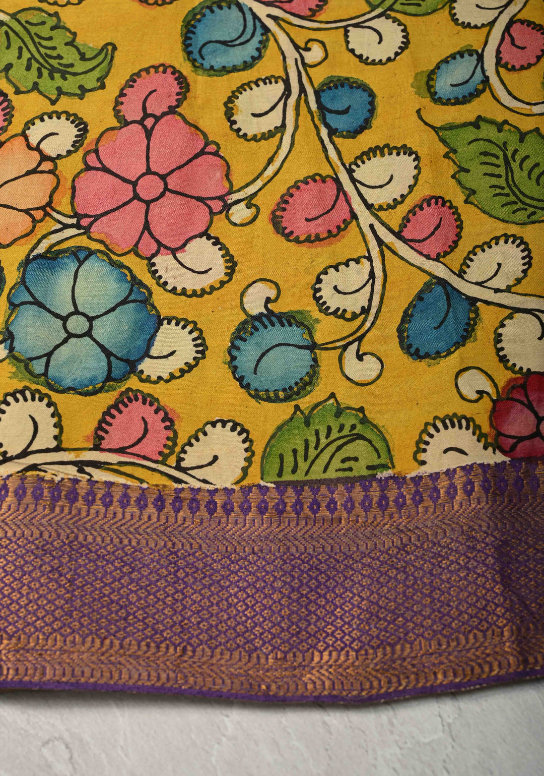 Floral and Krishna Govardhan Parvat on Pallu Theme : Irish Green Authentic Pen Kalamkari on Pure Mangalagiri Silk Cotton Saree with Zari Borders