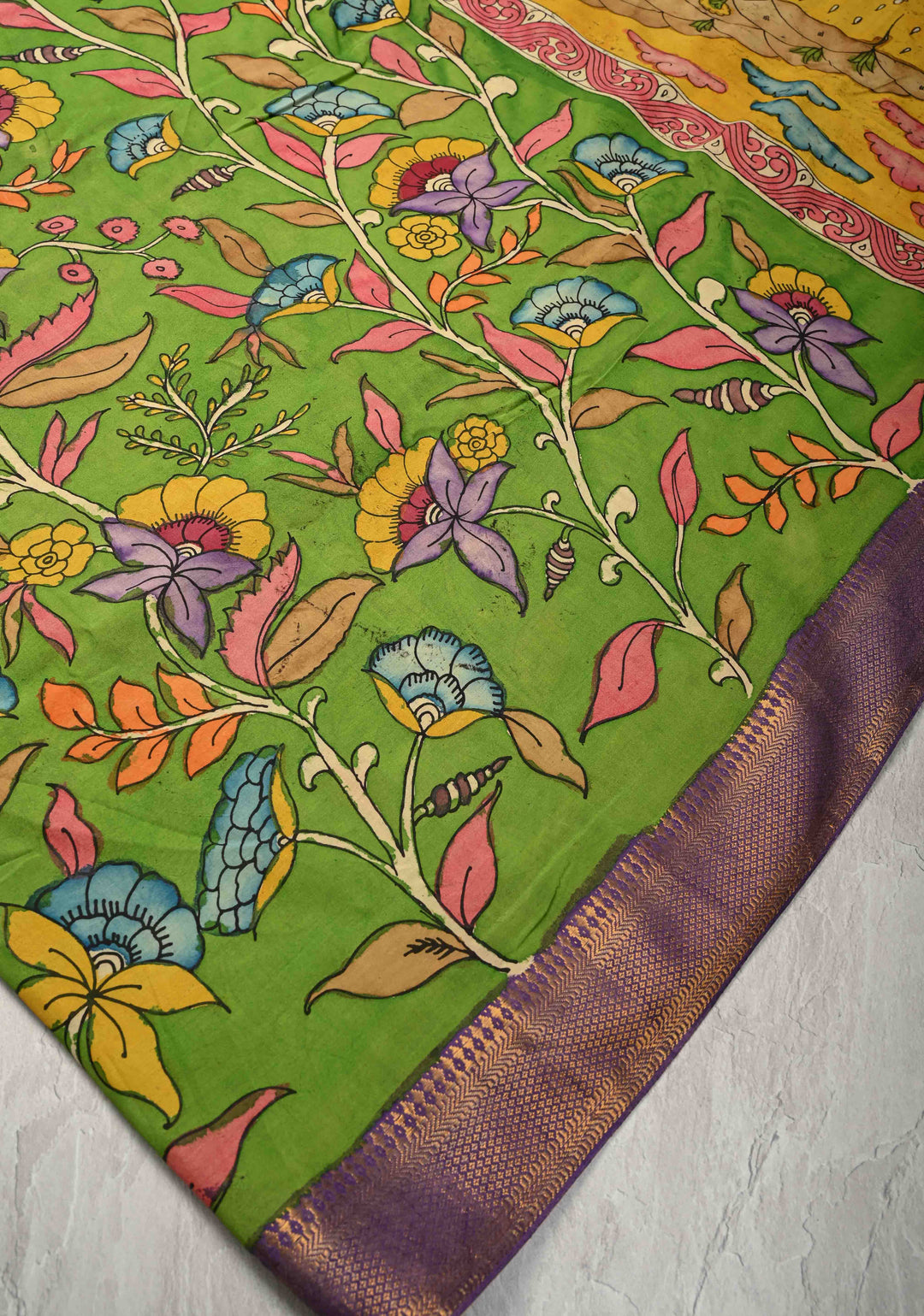Floral and Krishna Govardhan Parvat on Pallu Theme : Irish Green Authentic Pen Kalamkari on Pure Mangalagiri Silk Cotton Saree with Zari Borders