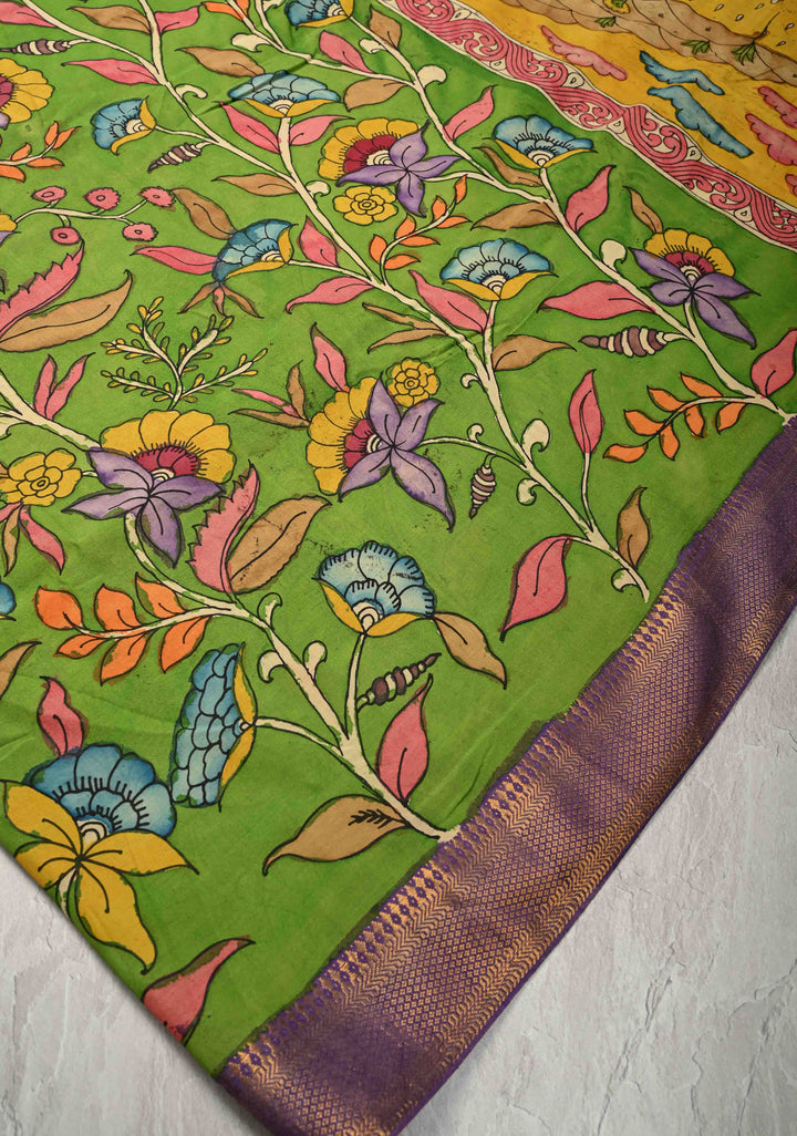 Floral and Krishna Govardhan Parvat on Pallu Theme : Irish Green Authentic Pen Kalamkari on Pure Mangalagiri Silk Cotton Saree with Zari Borders