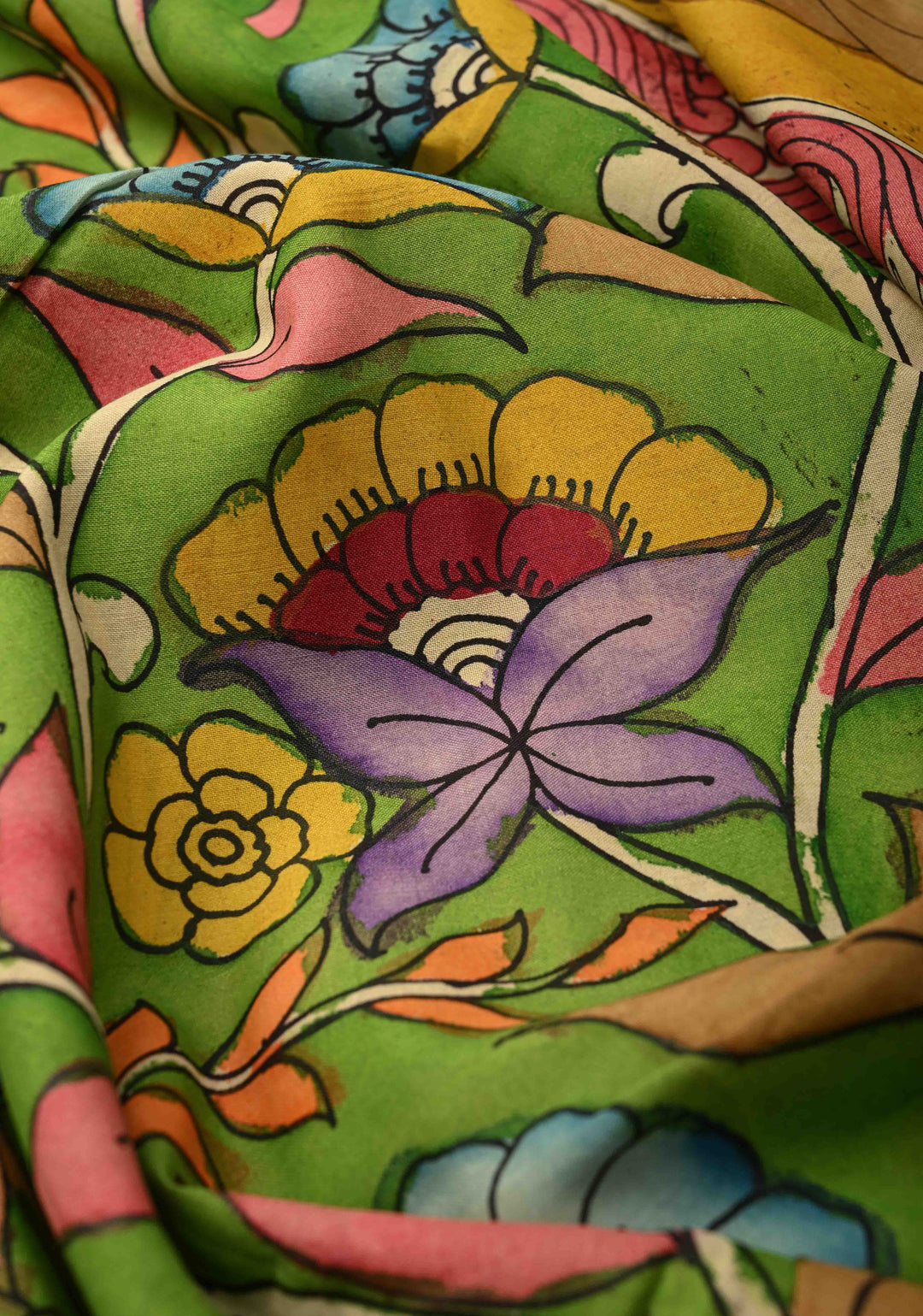 Floral and Krishna Govardhan Parvat on Pallu Theme : Irish Green Authentic Pen Kalamkari on Pure Mangalagiri Silk Cotton Saree with Zari Borders
