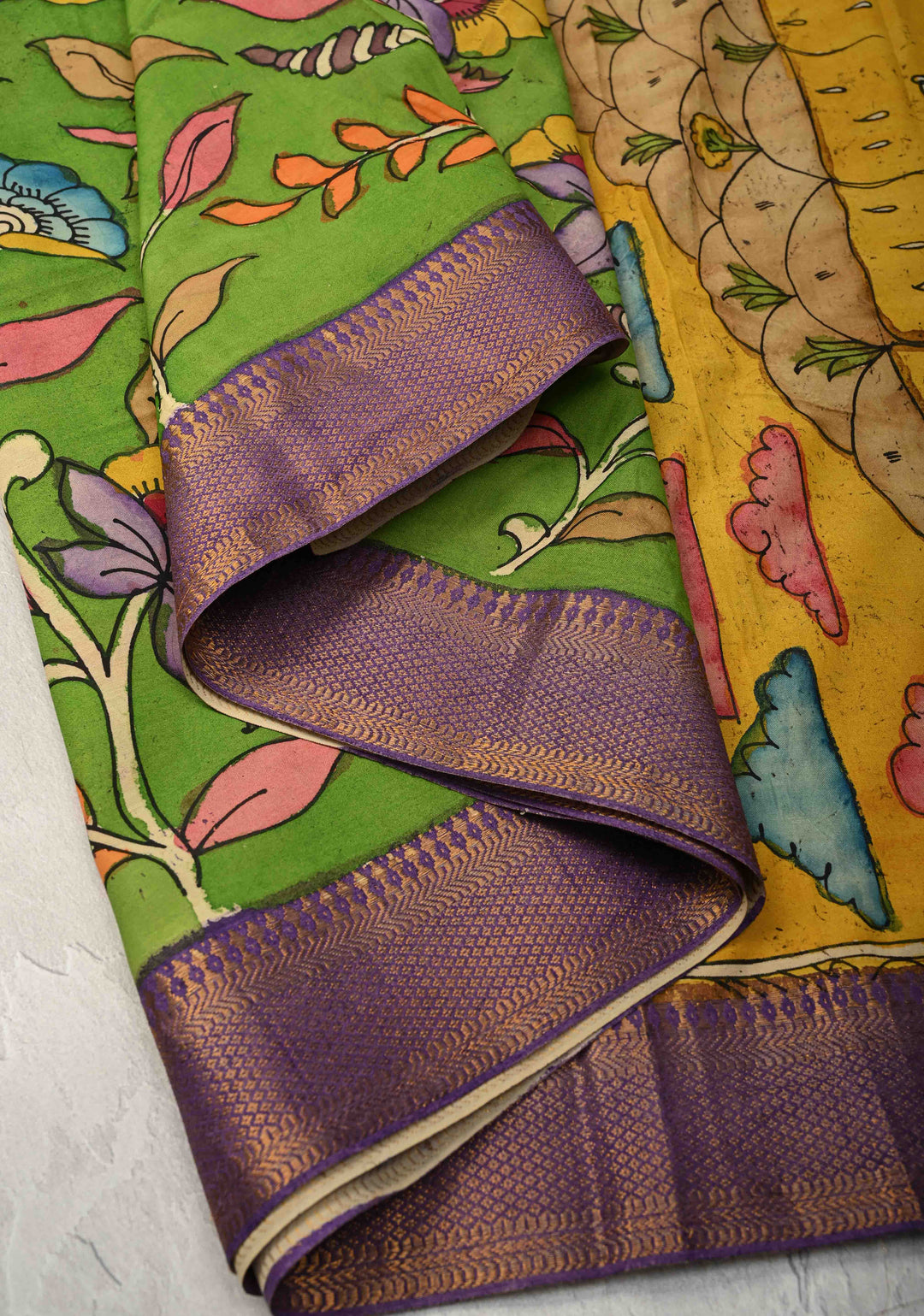 Floral and Krishna Govardhan Parvat on Pallu Theme : Irish Green Authentic Pen Kalamkari on Pure Mangalagiri Silk Cotton Saree with Zari Borders