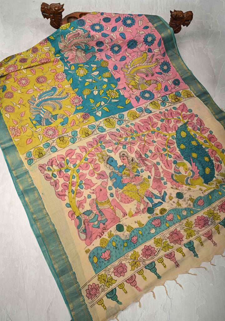 Peacock and Floral Theme : Authentic Pen Kalamkari on Pure Mangalagiri Silk Cotton Saree with Zari Borders