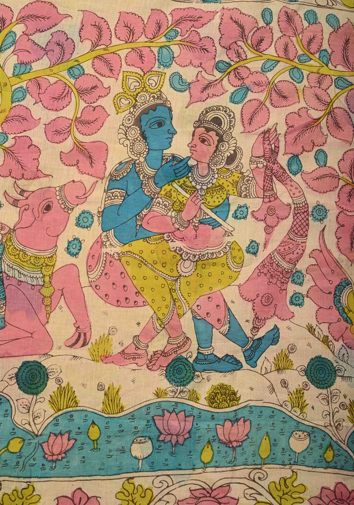 Peacock and Floral Theme : Authentic Pen Kalamkari on Pure Mangalagiri Silk Cotton Saree with Zari Borders