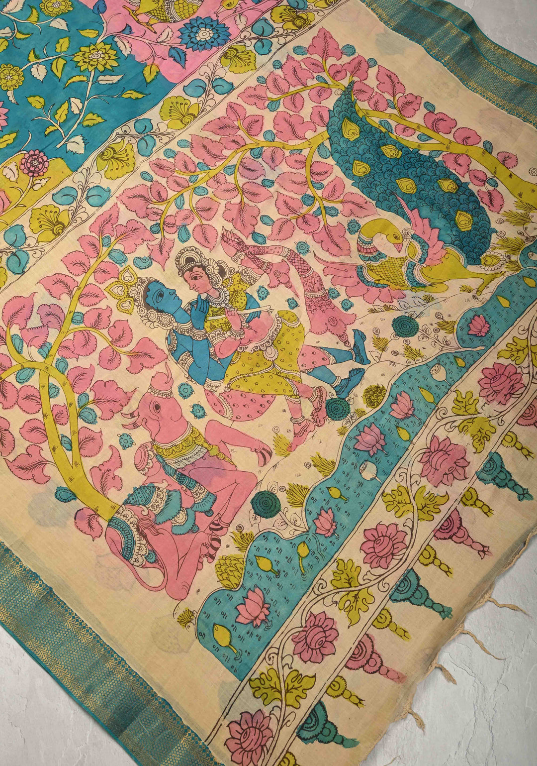 Peacock and Floral Theme : Authentic Pen Kalamkari on Pure Mangalagiri Silk Cotton Saree with Zari Borders