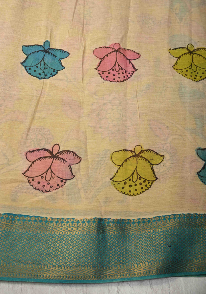 Peacock and Floral Theme : Authentic Pen Kalamkari on Pure Mangalagiri Silk Cotton Saree with Zari Borders