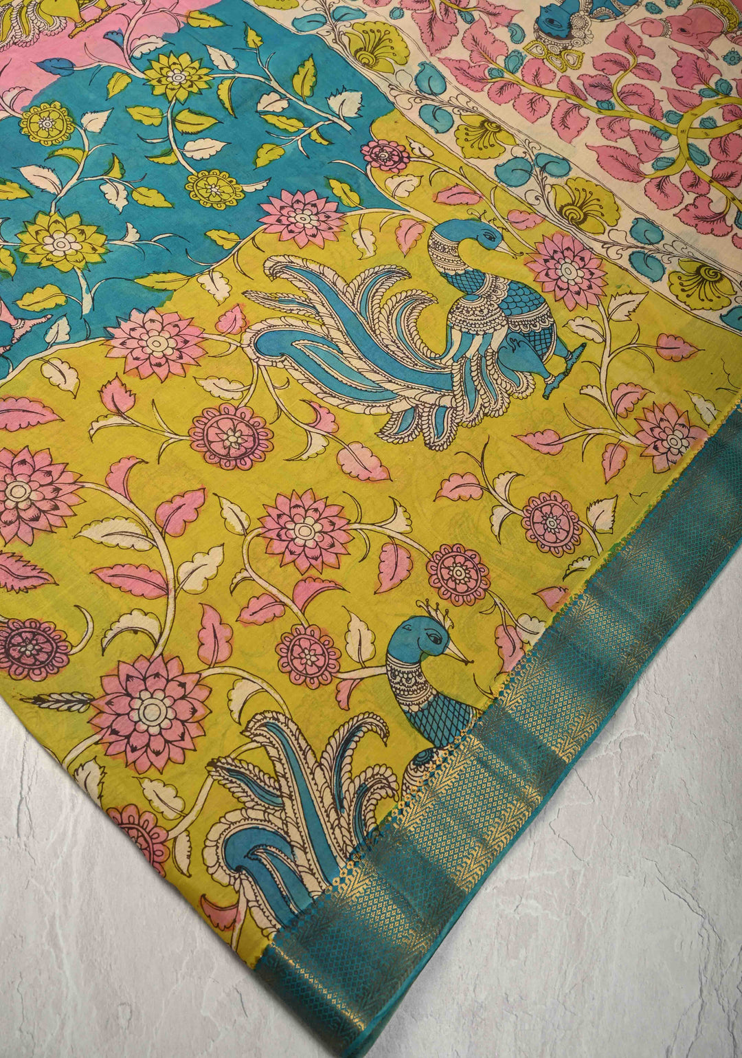 Peacock and Floral Theme : Authentic Pen Kalamkari on Pure Mangalagiri Silk Cotton Saree with Zari Borders