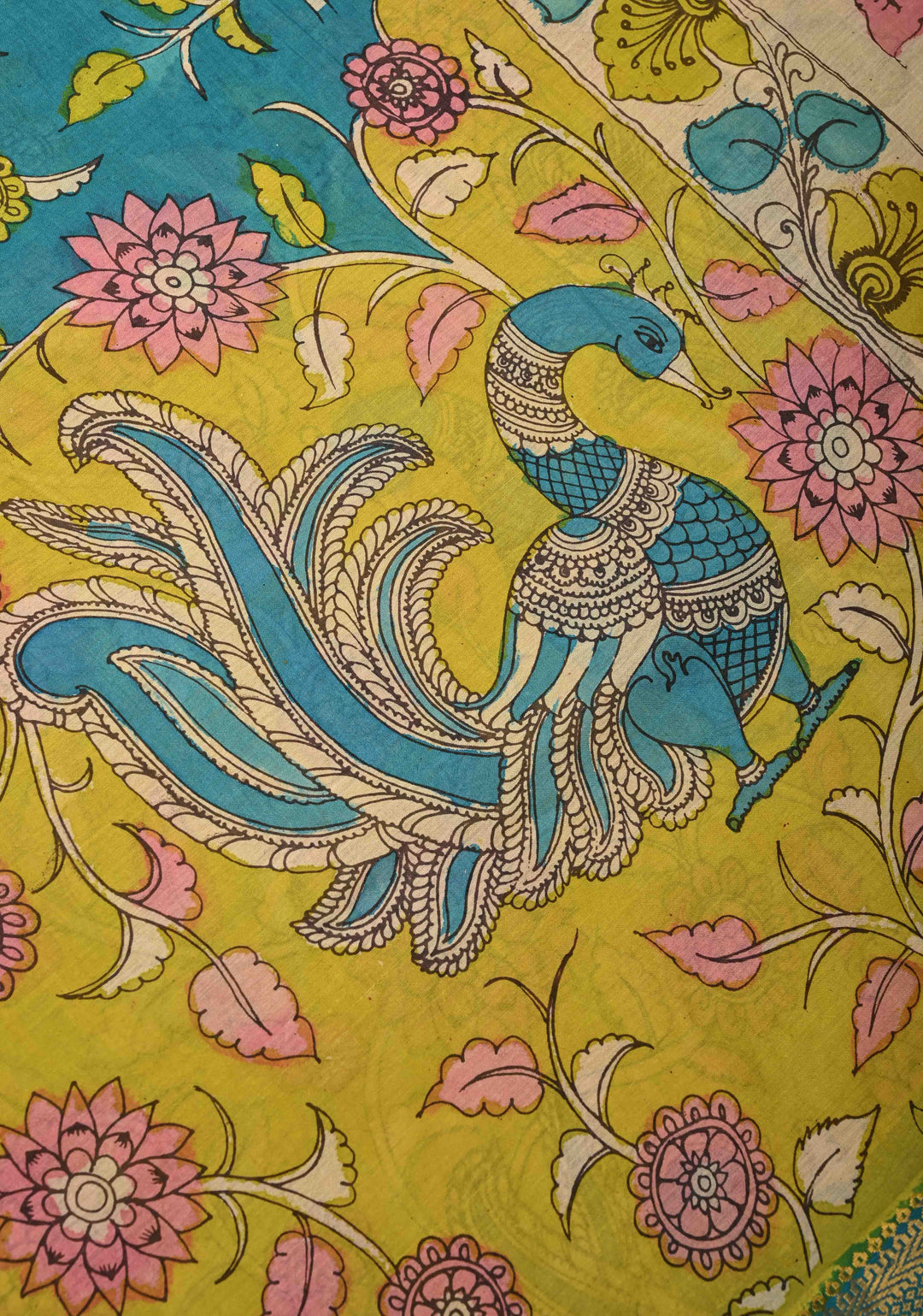 Peacock and Floral Theme : Authentic Pen Kalamkari on Pure Mangalagiri Silk Cotton Saree with Zari Borders