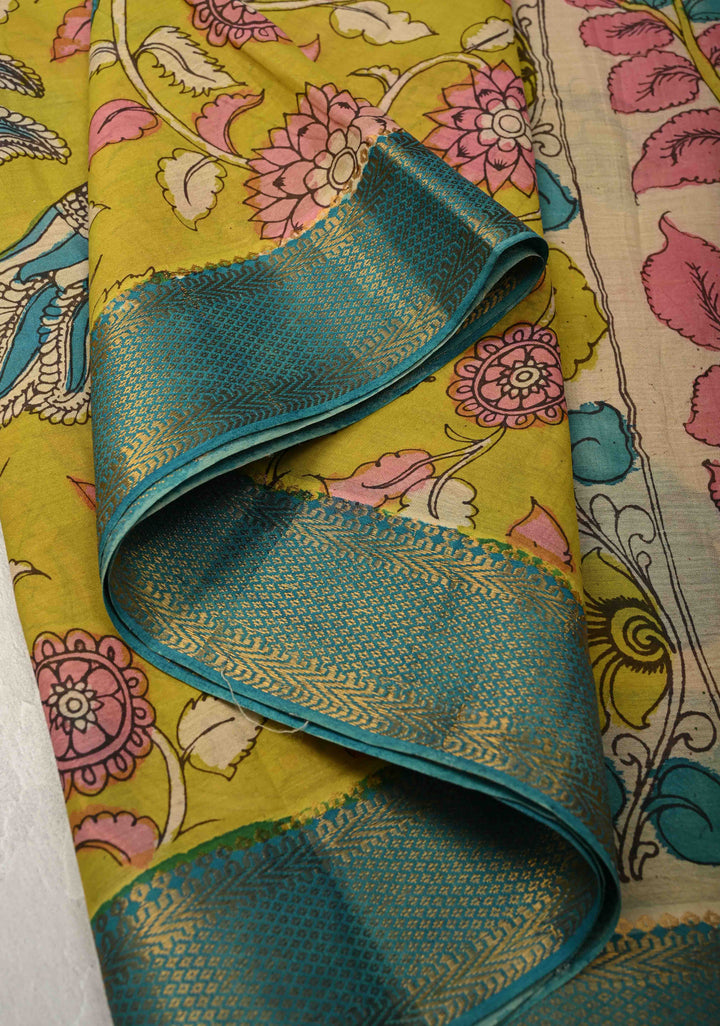 Peacock and Floral Theme : Authentic Pen Kalamkari on Pure Mangalagiri Silk Cotton Saree with Zari Borders