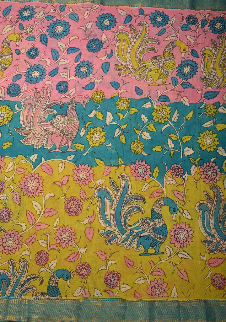 Peacock and Floral Theme : Authentic Pen Kalamkari on Pure Mangalagiri Silk Cotton Saree with Zari Borders