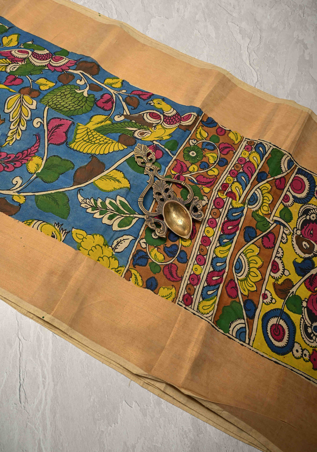 Floral Theme : Blue Authentic Pen Kalamkari on Pure Tussar Silk Saree with Zari Borders | SILK MARK CERTIFIED