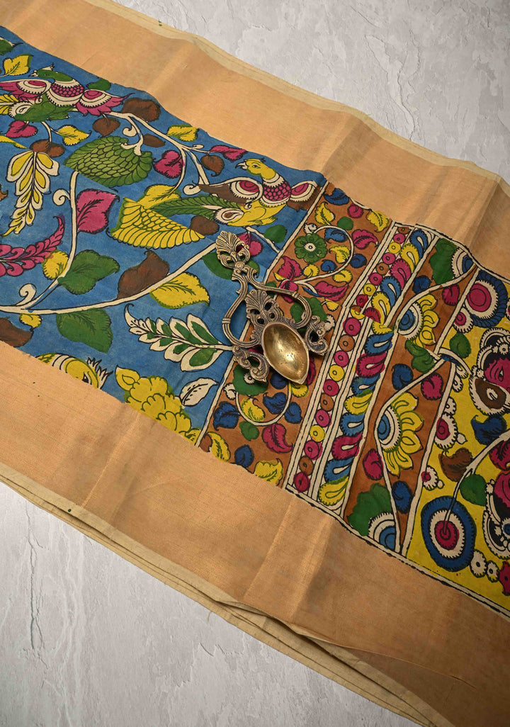 Floral Theme : Blue Authentic Pen Kalamkari on Pure Tussar Silk Saree with Zari Borders | SILK MARK CERTIFIED