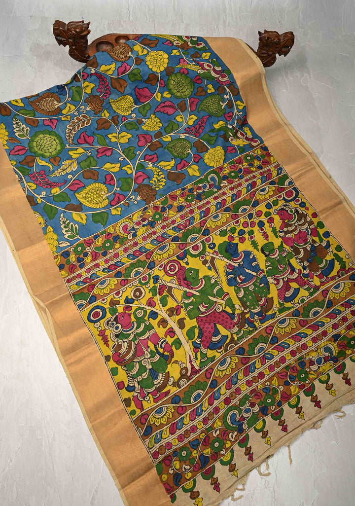 Floral Theme : Blue Authentic Pen Kalamkari on Pure Tussar Silk Saree with Zari Borders | SILK MARK CERTIFIED