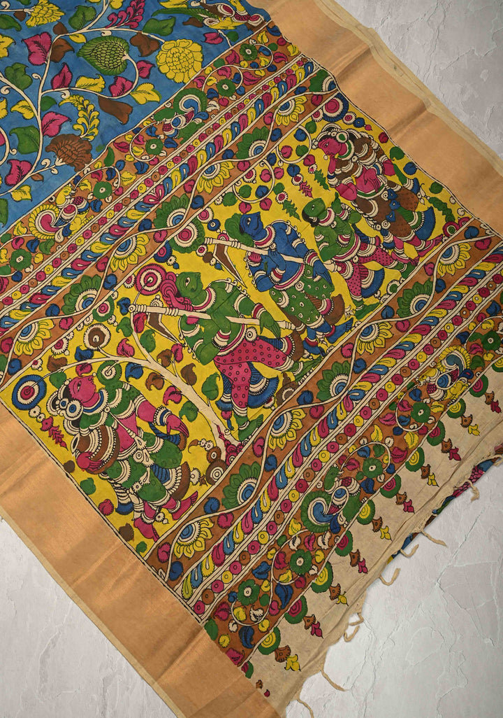 Floral Theme : Blue Authentic Pen Kalamkari on Pure Tussar Silk Saree with Zari Borders | SILK MARK CERTIFIED