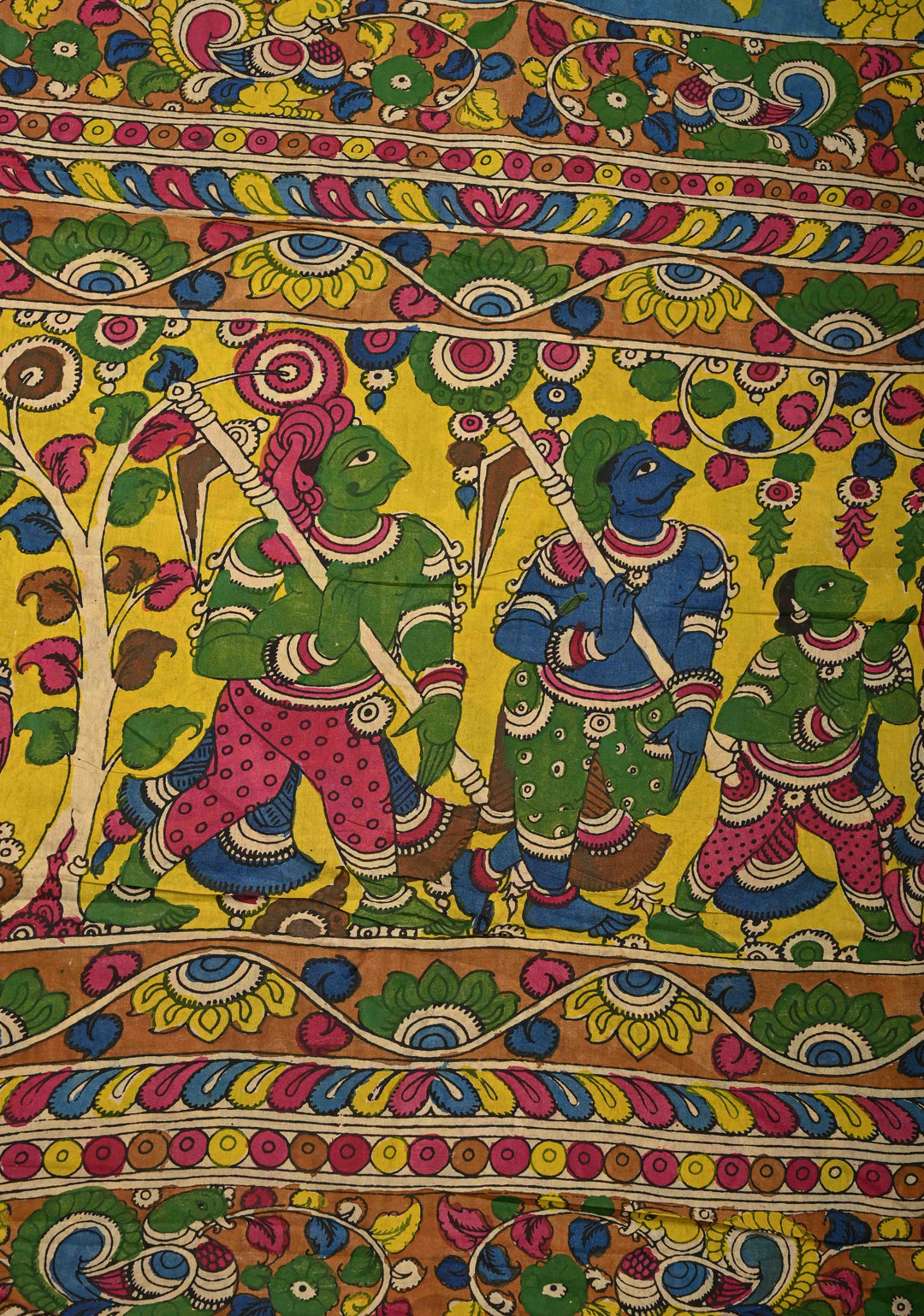Floral Theme : Blue Authentic Pen Kalamkari on Pure Tussar Silk Saree with Zari Borders | SILK MARK CERTIFIED