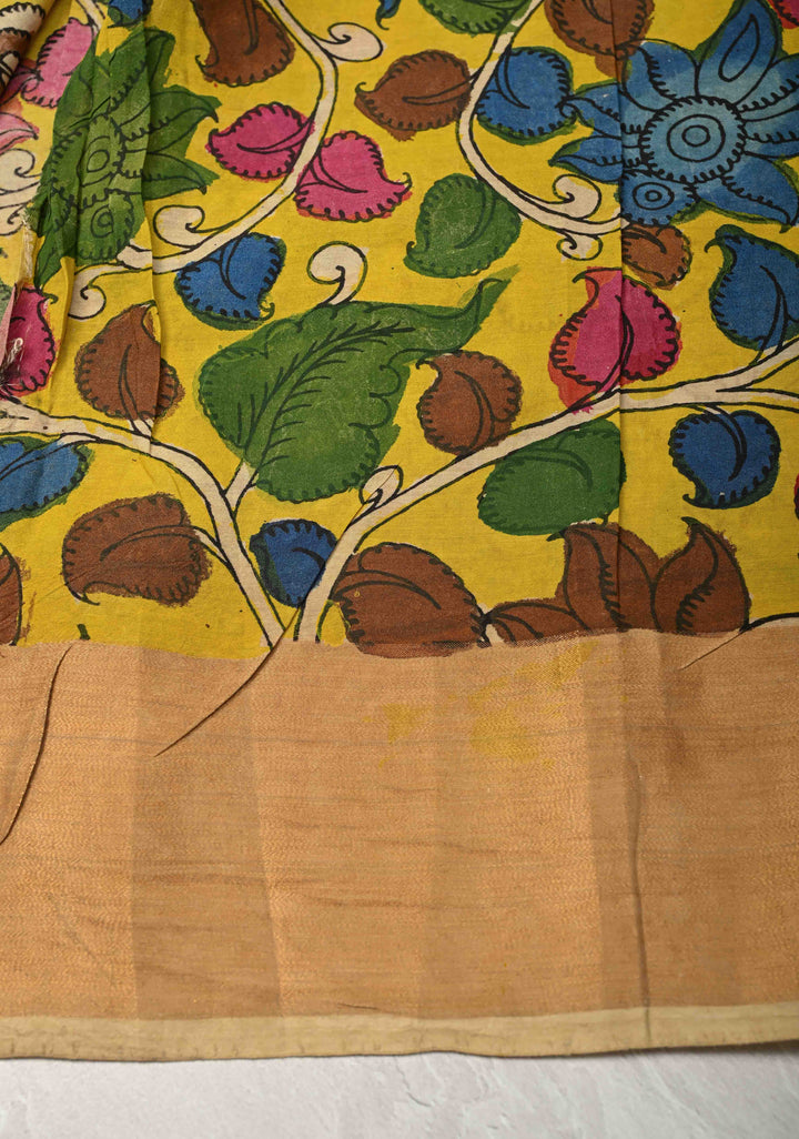 Floral Theme : Blue Authentic Pen Kalamkari on Pure Tussar Silk Saree with Zari Borders | SILK MARK CERTIFIED