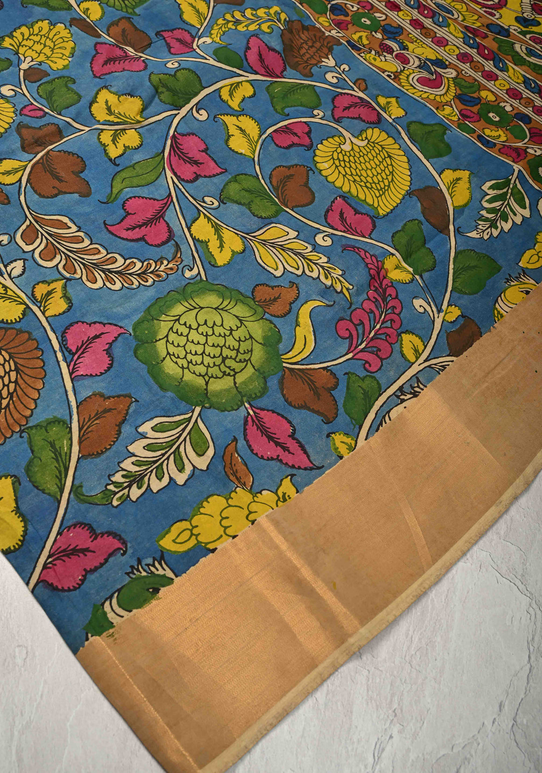 Floral Theme : Blue Authentic Pen Kalamkari on Pure Tussar Silk Saree with Zari Borders | SILK MARK CERTIFIED