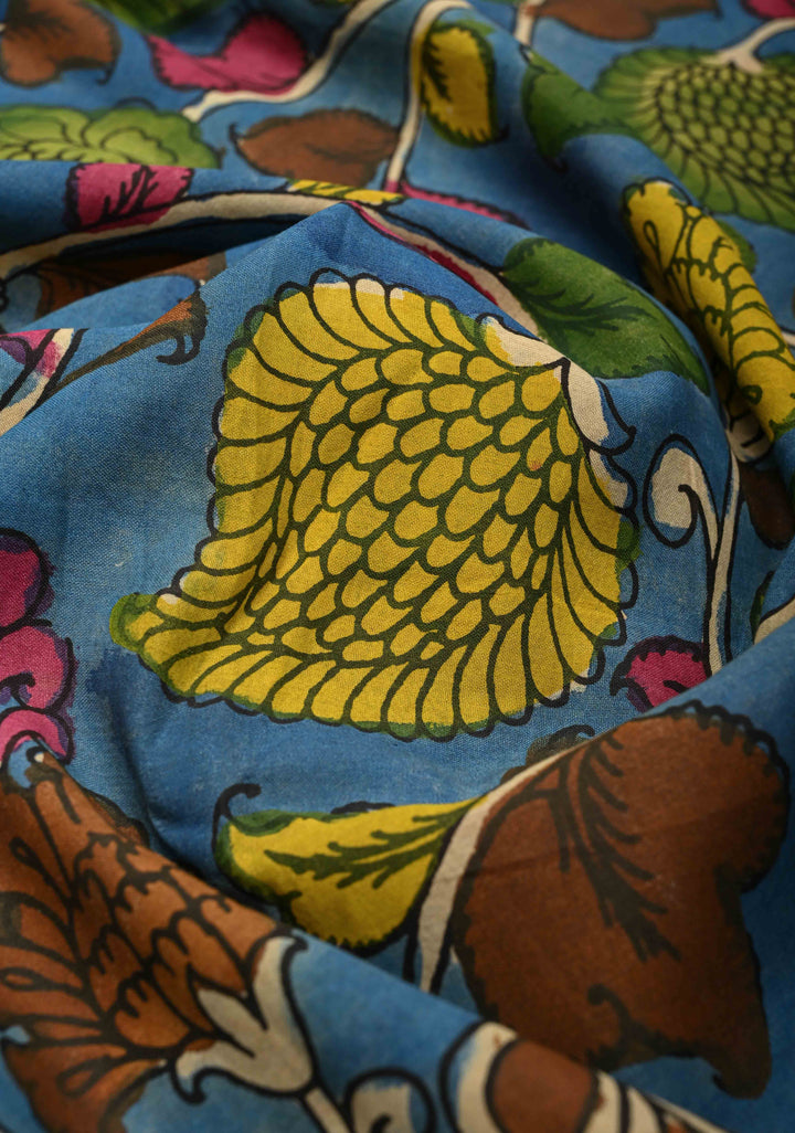 Floral Theme : Blue Authentic Pen Kalamkari on Pure Tussar Silk Saree with Zari Borders | SILK MARK CERTIFIED
