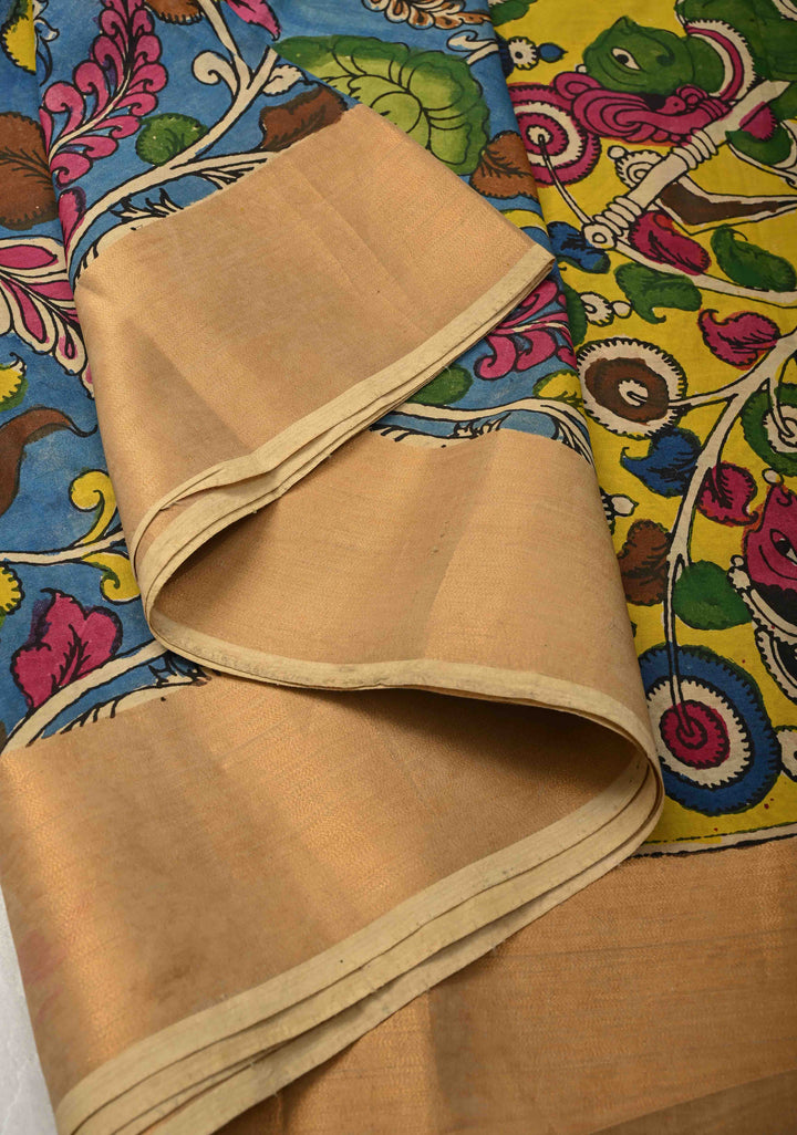 Floral Theme : Blue Authentic Pen Kalamkari on Pure Tussar Silk Saree with Zari Borders | SILK MARK CERTIFIED