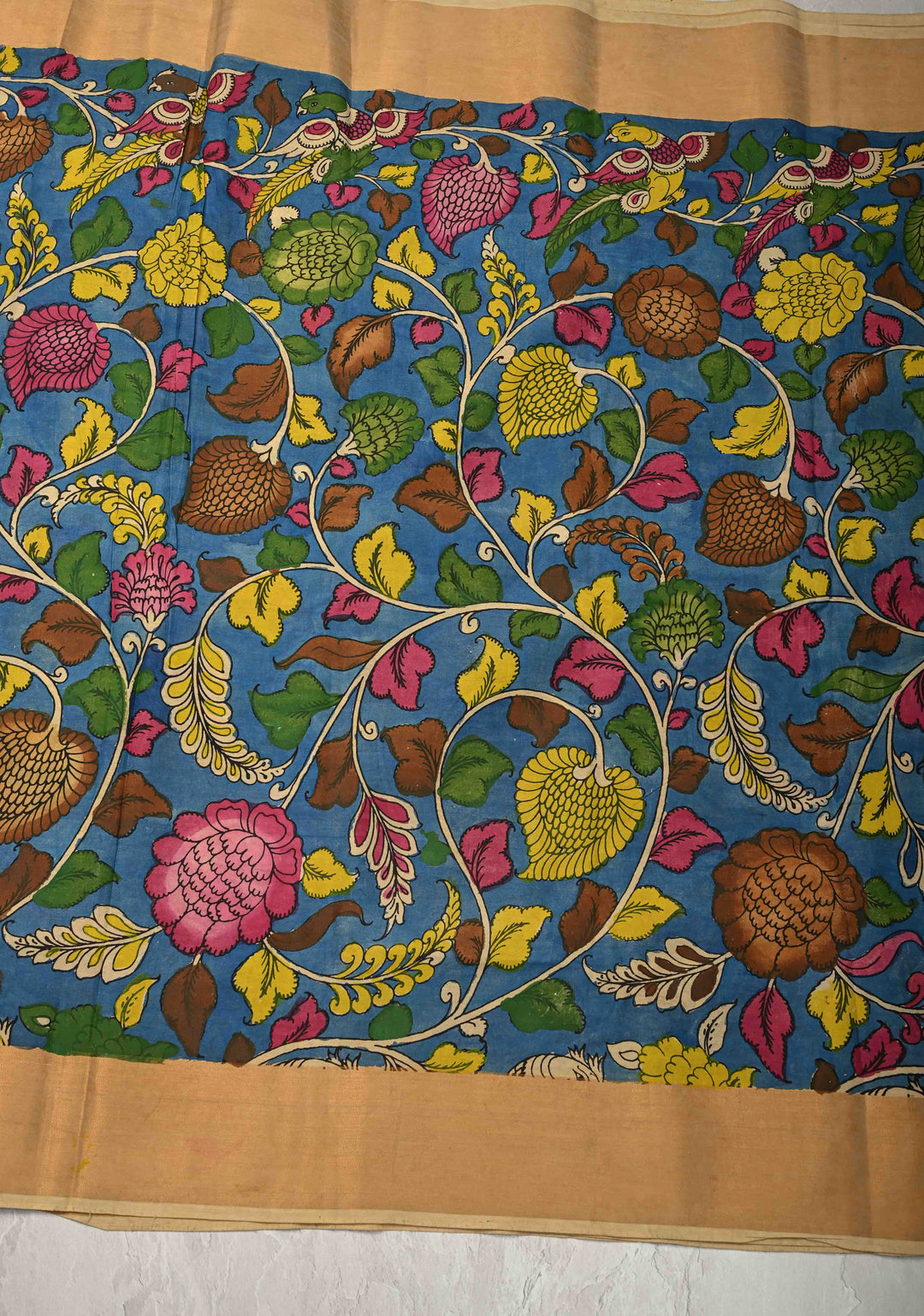 Floral Theme : Blue Authentic Pen Kalamkari on Pure Tussar Silk Saree with Zari Borders | SILK MARK CERTIFIED