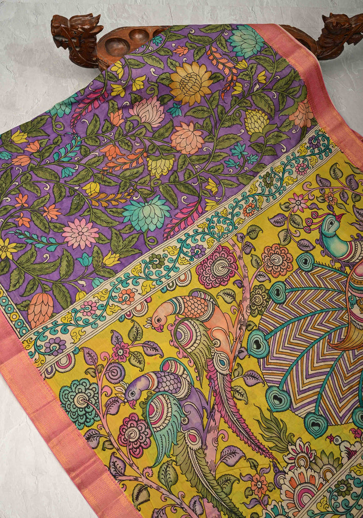 Magnolia Blooms Theme : Purple Authentic Pen Kalamkari on Pure Mangalagiri Silk Cotton Saree with Zari Borders