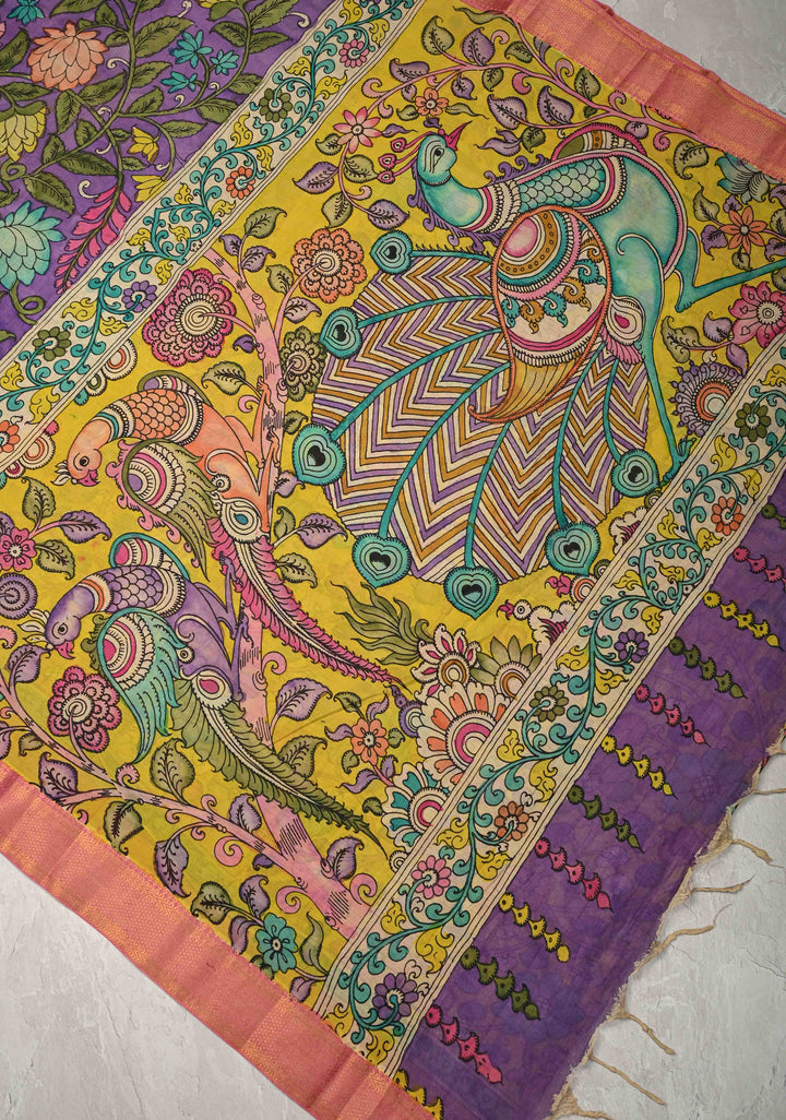 Magnolia Blooms Theme : Purple Authentic Pen Kalamkari on Pure Mangalagiri Silk Cotton Saree with Zari Borders